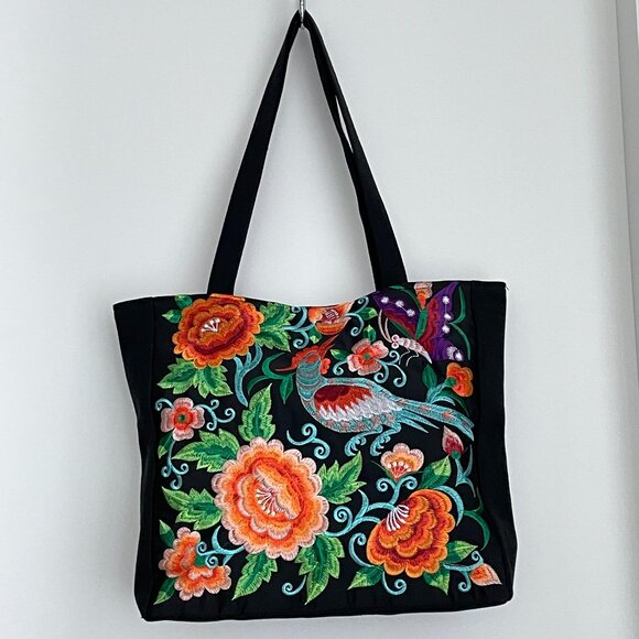 NWOT Embroidered Birds Flowers Canvas Shoulder Tote Bag Orange - Picture 1 of 5